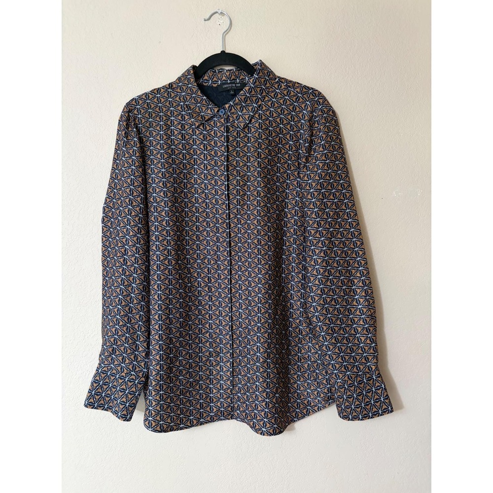 NWOT Lafayette 148 New York 100% Silk Geometric Button Up Blouse Top L